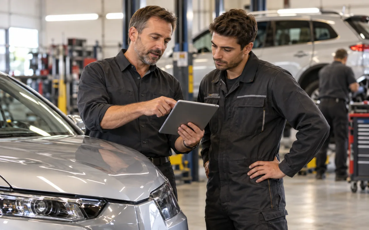 Supervisor y técnico revisando el avance de los trabajos en una tableta junto a un auto en el taller