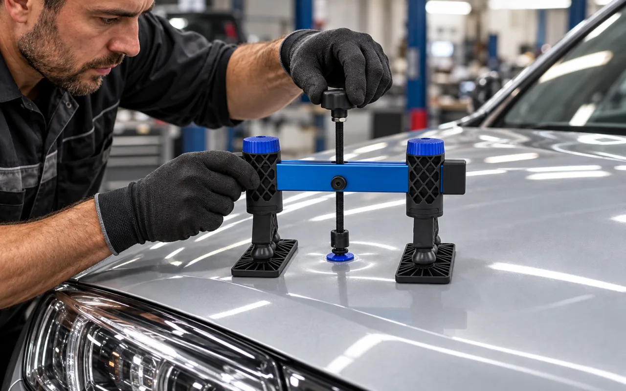 Técnico reparando una abolladura en el cofre de un auto con un extractor de puente