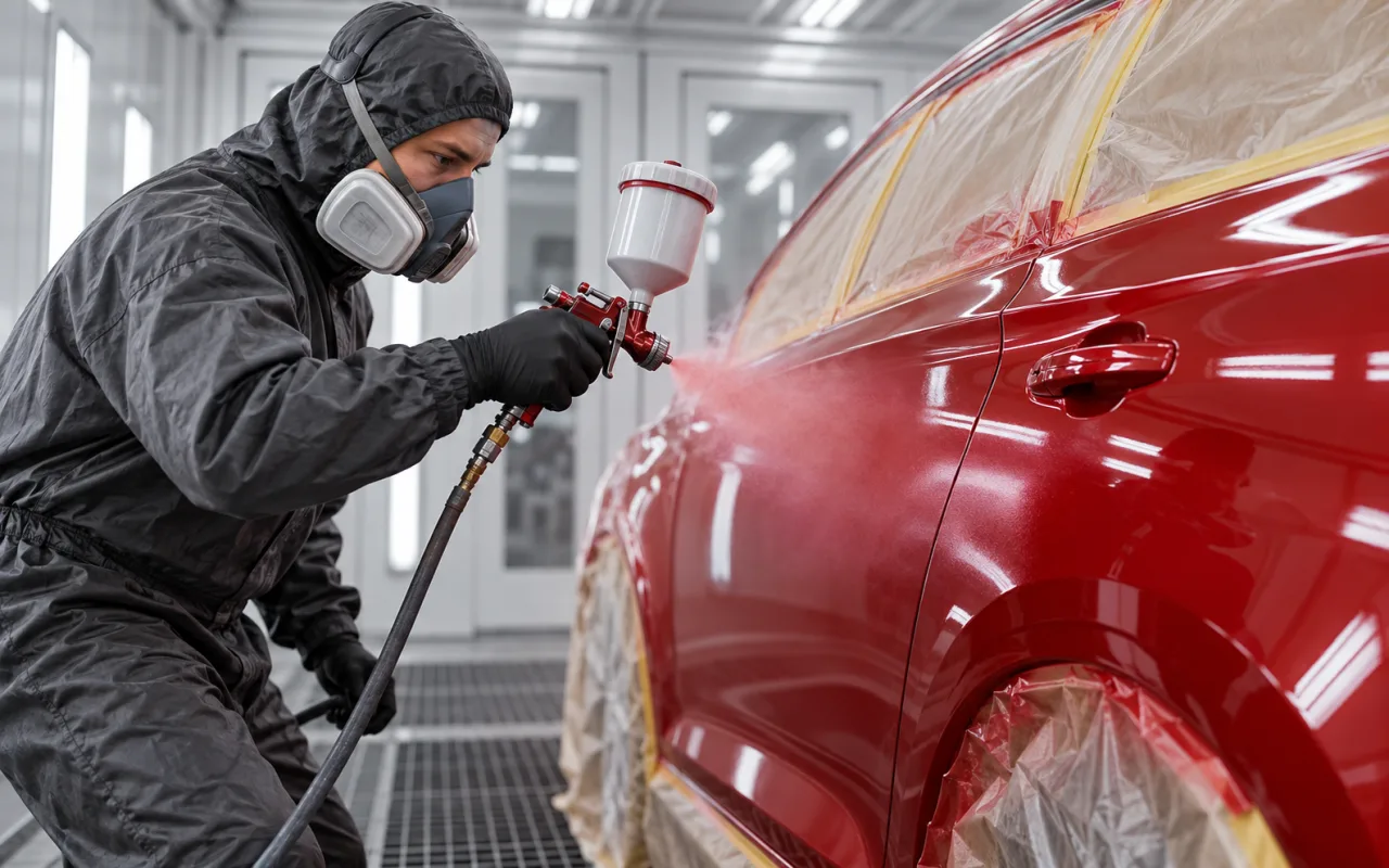 Técnico con equipo de protección aplicando pintura roja a un auto en una cabina de pintura